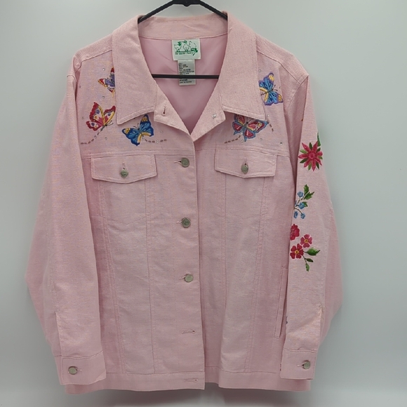 The Quaker Factory Embroidered Butterfly Pink Jean Jacket 1X Button Up Linen - Picture 1 of 15